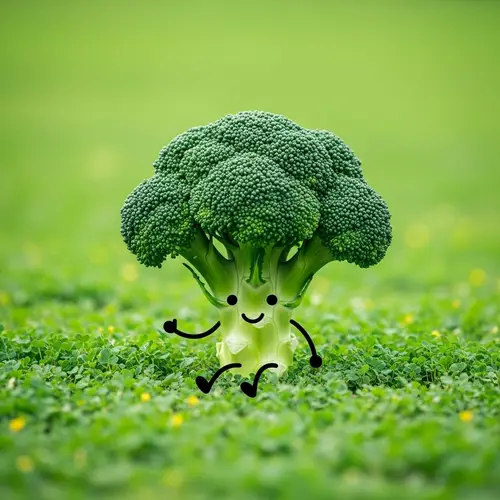 Cute Broccoli Character in Vibrant Green Landscape