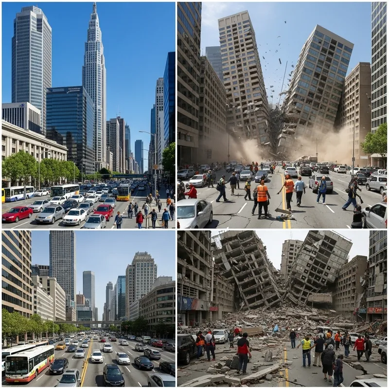 Dramatic Urban City Earthquake Before, During & After - Triptych