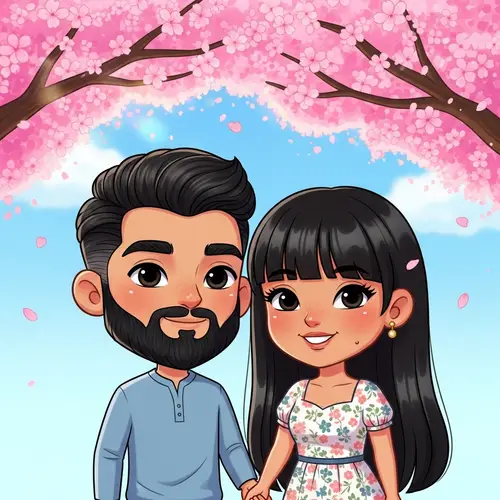 Charming Diverse Couple Drawing under Cherry Blossom Tree