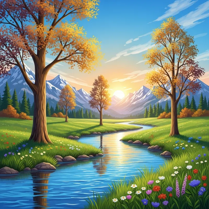 Impressionist Nature Landscape | Sparkling Azure River & Majestic Mountains