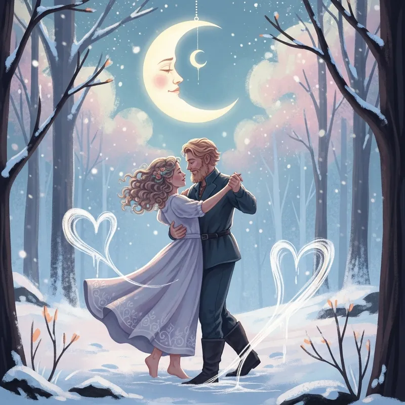 Whimsical Moonlit Forest Romance under a Crescent Moon
