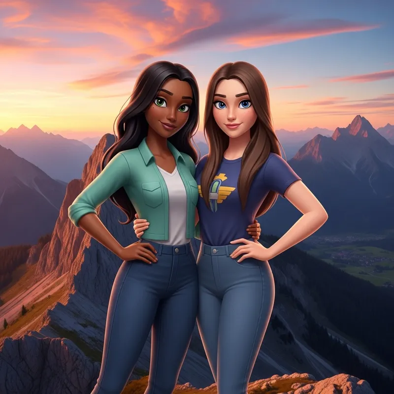 Captivating Beauty: Best Friends in Pixar Animation Style on Majestic Alps Mountain