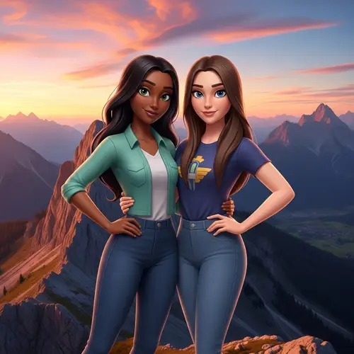 Captivating Beauty in Vibrant Animation: Black and Caucasian Women on Alps Mountain