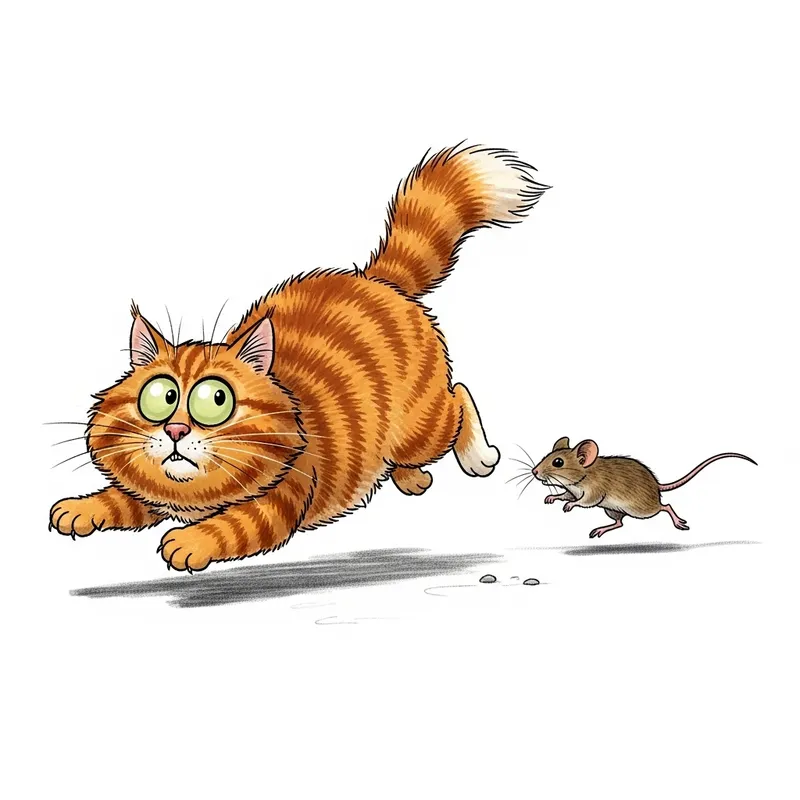 Cat Escaping from Brave Mouse: An Eccentric Animal Kingdom Scene