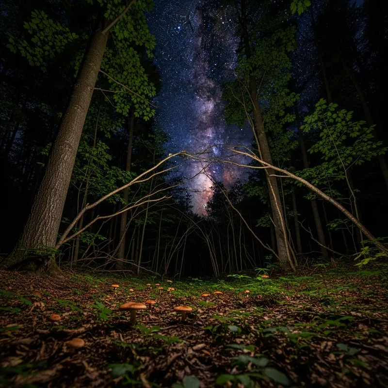 Universe View from Forest Floor: Serene Night Among Majestic Trees