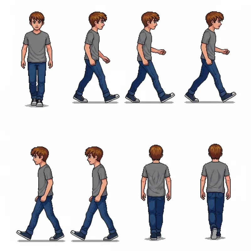 High-Definition Pixel Art Spritesheet of Young Caucasian Male Teenager Walking