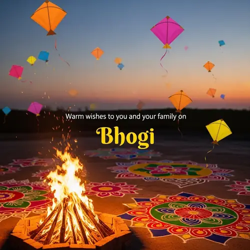 Festive Bhogi Greeting with Bonfires and Rangoli Designs