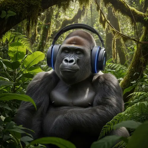 Relaxed Gorilla Enjoying Music in Leafy Forest | Nature & Technology Harmony