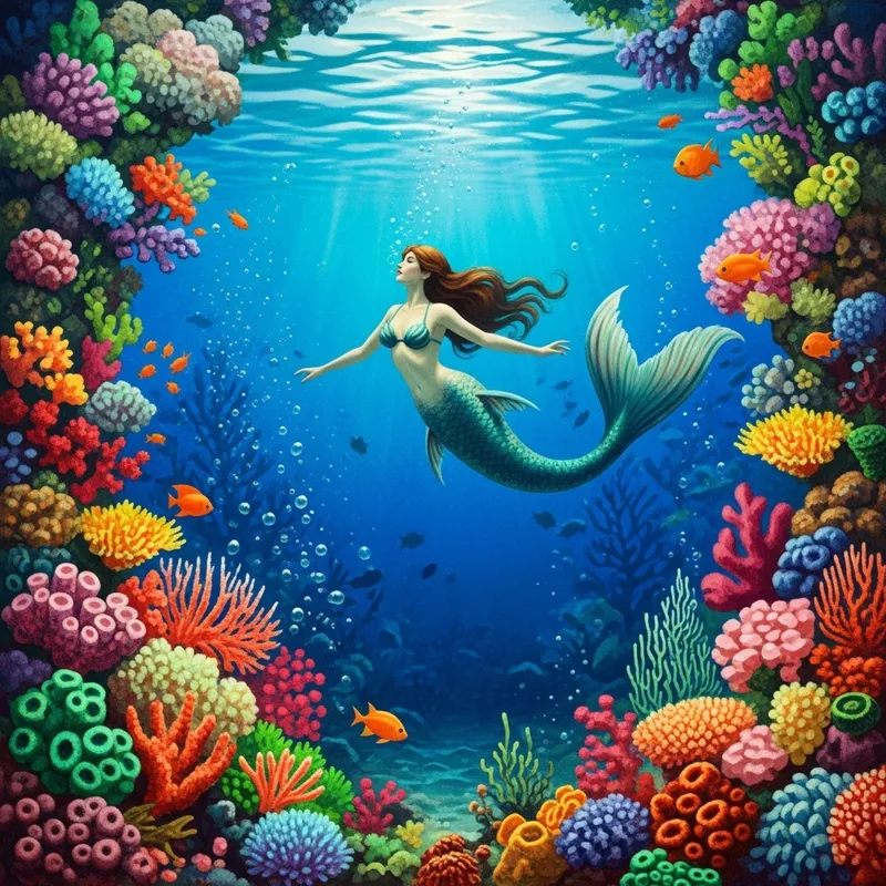Surreal Underwater Mermaid Art with Colorful Coral Reefs