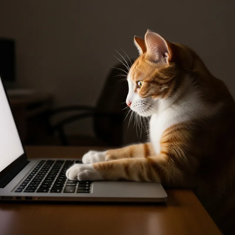 Cat Typing on Laptop in Dark Room - Adorable Feline Coder