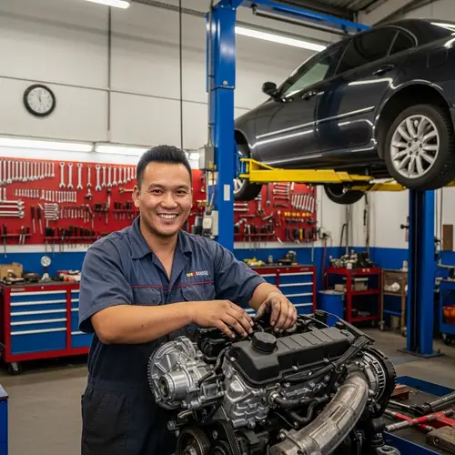 Jovial Asian Male in Car Workshop | Auto Repair Expertise