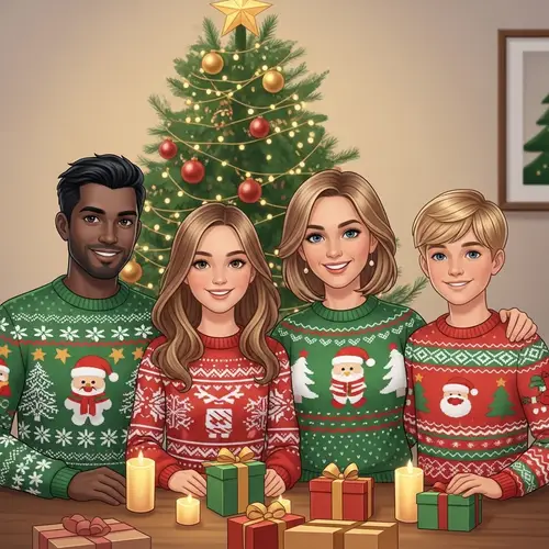 Warm Family Christmas Celebration with Ugly Christmas Sweaters