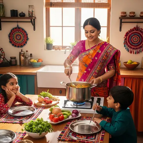 Warm South Asian Mother Cooking for Family | Home Happiness
