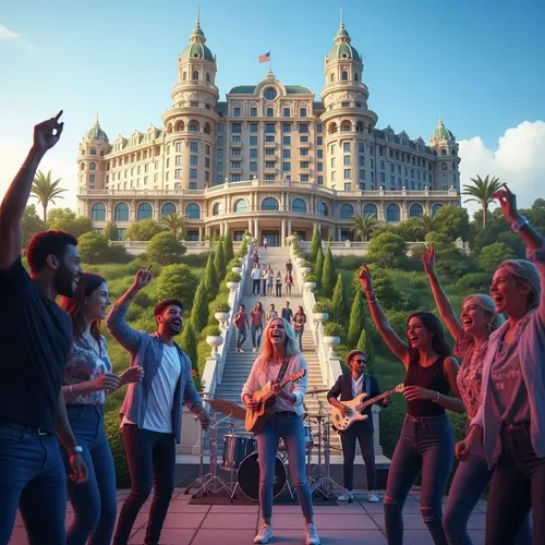 Grand Hotel with Diverse Friends Enjoying a Party | Futuristic Metaverse Art