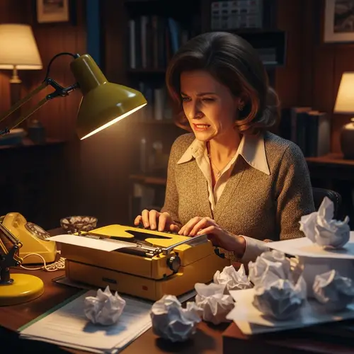 Middle-Aged Caucasian Woman Typing Frustratedly in 1970s Styled Room
