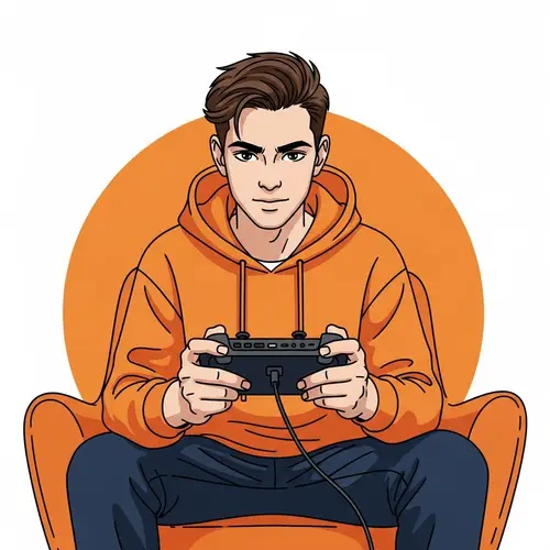 Orange-Themed Gamer Boy PNG | Gaming Console Focus