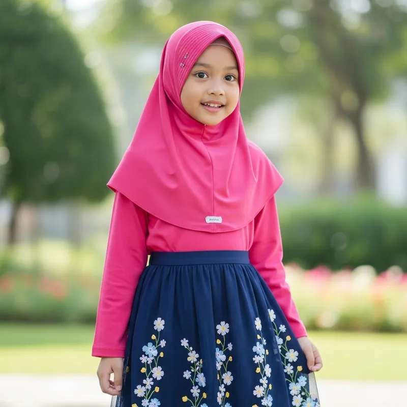 Stylish Southeast Asian Girl in Pink Hijab and Skirt