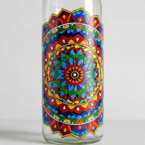 Colorful Mandala Design on Translucent Glass Bottle