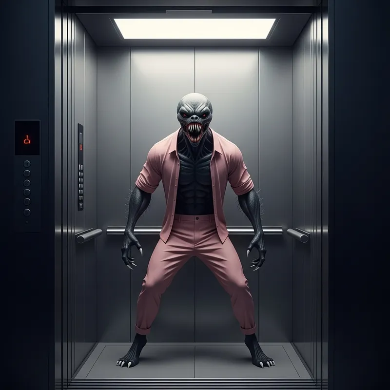 Menacing Extraterrestrial in Elevator with Pink Clothes