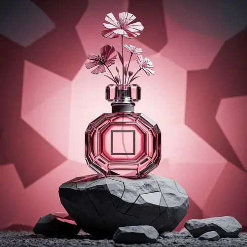 Cubist 3D Rendering of Perfume Bottle with Flowers on Rock