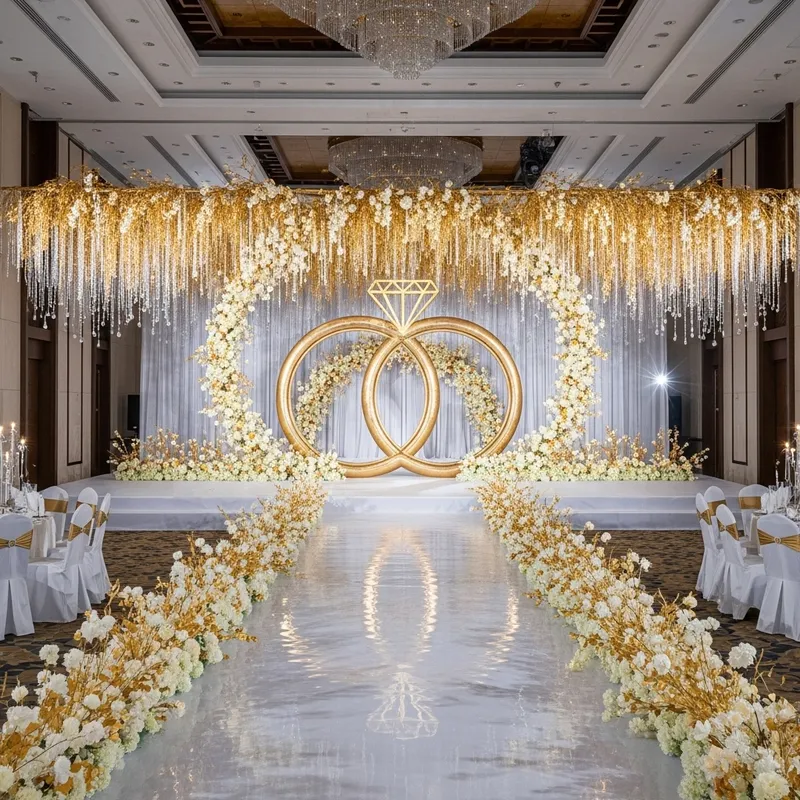 Luxurious Wedding Ceremony with Golden Willow Arch and Diamond Rhinestones
