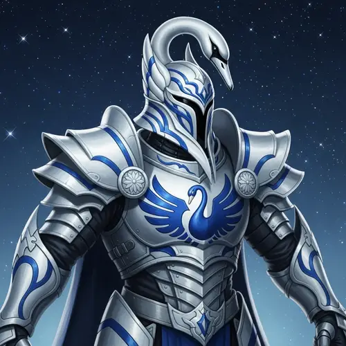 Zodiac Swan Knight | Icy Armored Warrior Pose in Celestial Backdrop