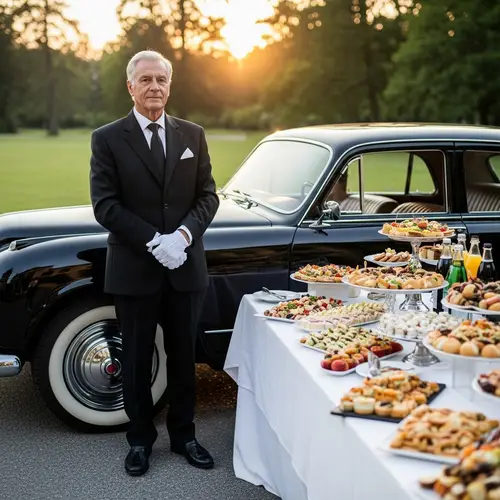 Elderly Butler by Classic Car | Food & Beverage Display in Park