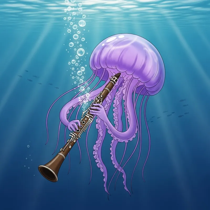 Colorful Jellyfish Playing Clarinet Underwater