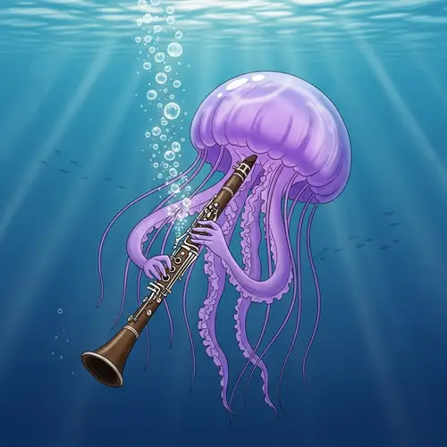 Vibrant Purple Jellyfish Playing Clarinet Underwater