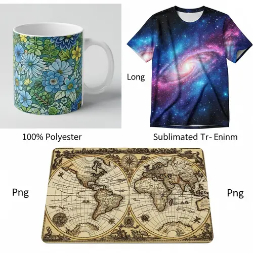 Sublimated Floral Mug, Galaxy T-shirt, Vintage World Map Mousepad