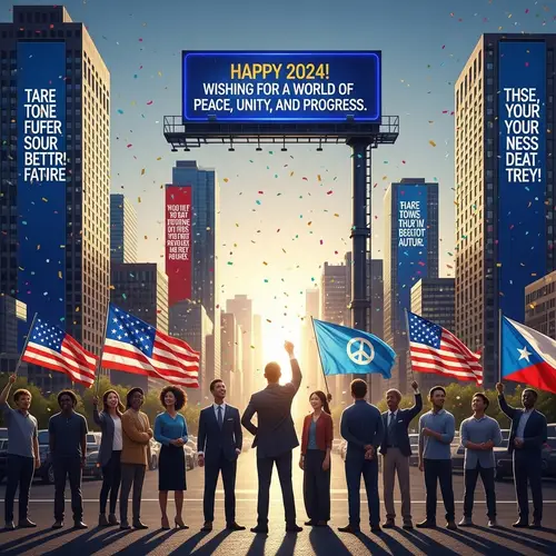 Happy 2024: Cityscape Sunrise Celebration for Peace and Prosperity