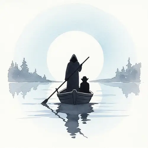 Ethereal Watercolor Painting: Mysterious Figure in Boat