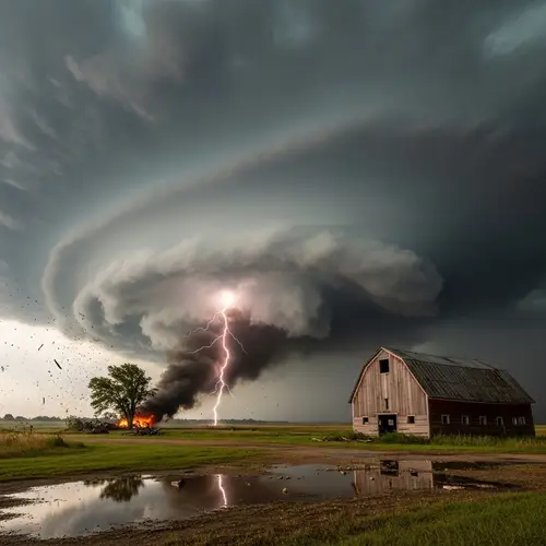 Raw Nature's Fury: Unpredictable Storm Over Abandoned Barn