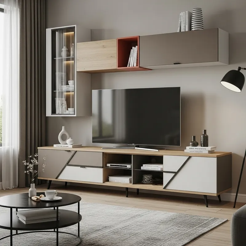 Modern TV Unit: Minimalist Design with Earth Tones & Clean Lines Modern TV Unit: Minimalist Design with Earth Tones & Clean Lines