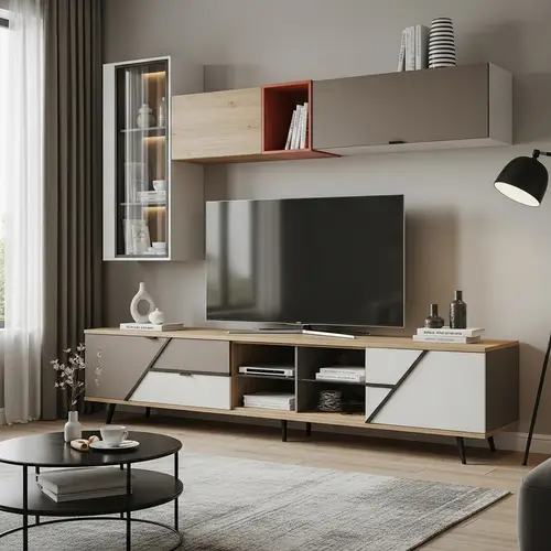 Modern TV Unit: Sleek Design with Earth Tones & Clean Lines