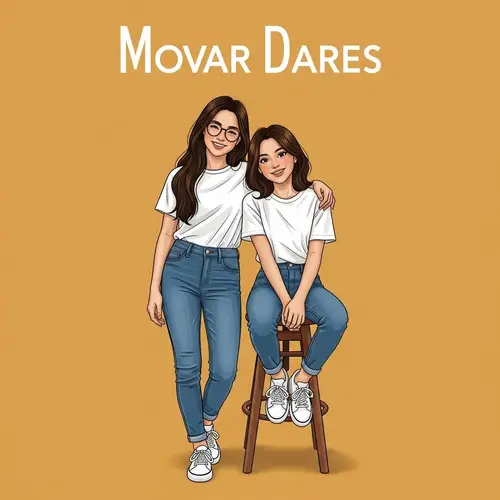 Joyful Girls in White Shirts and Blue Jeans Against Mustard Background
