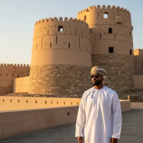 Omani Man Standing next to Ancient Fort | Cultural Heritage Scene