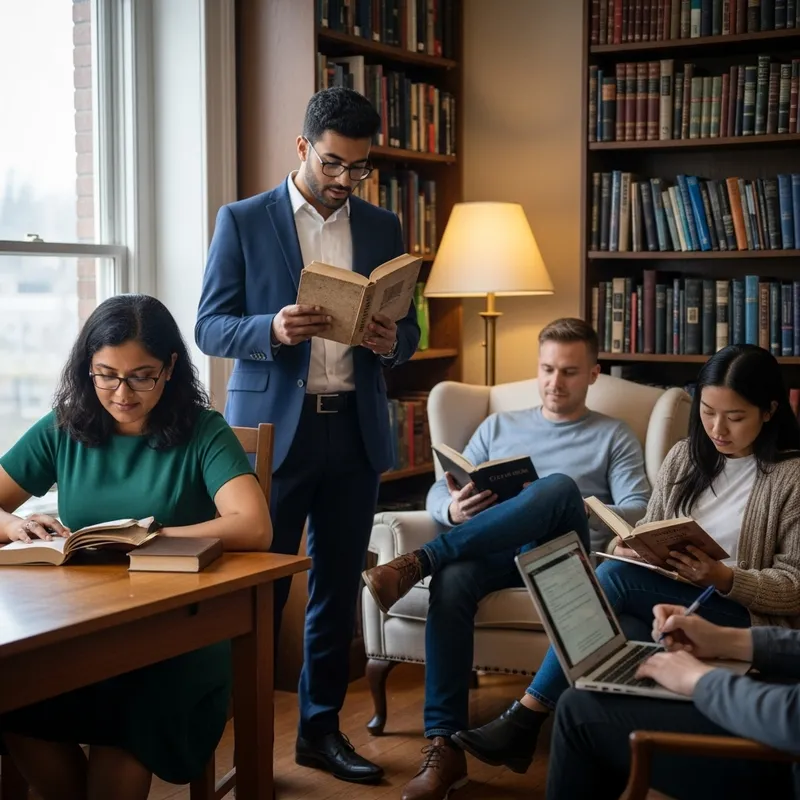 Diverse Literary Enthusiasts Gathering in Cozy Library