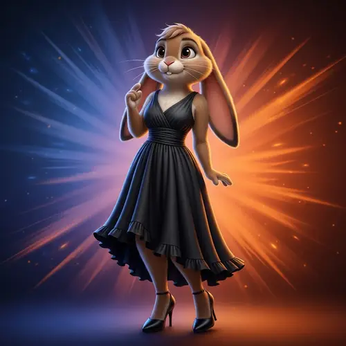 Stylish Animated Bunny in Black Cocktail Dress and High Heels