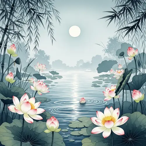 Serene Lotus Pond Under Moonlight - Traditional Chinese Landscape