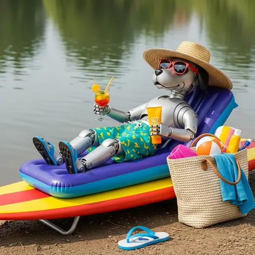 Robot Dog Enjoying Summer Fun by the Pond