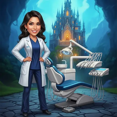 Hispanic Female Dentist with Castle Background - Fantasy & Dentistry