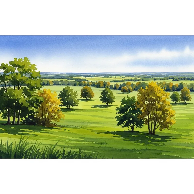 Watercolor Landscape of Green Plain and Trees