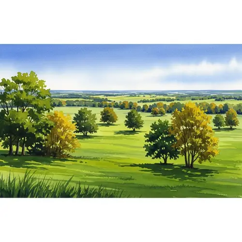 Panorama Watercolor Painting of Plain and Tree