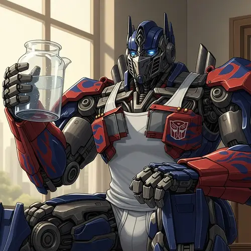 Optimus Prime in White Undershirt Holding Vodka - Robot Lifestyle Imagery