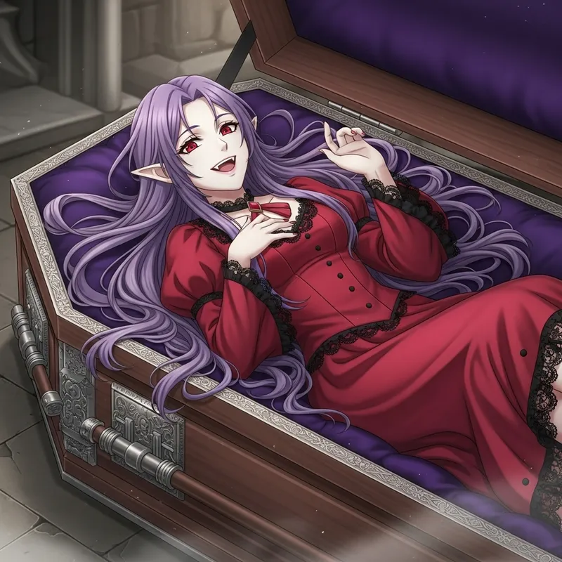 Elegant Vampire Girl with Pale Skin in Red Dress