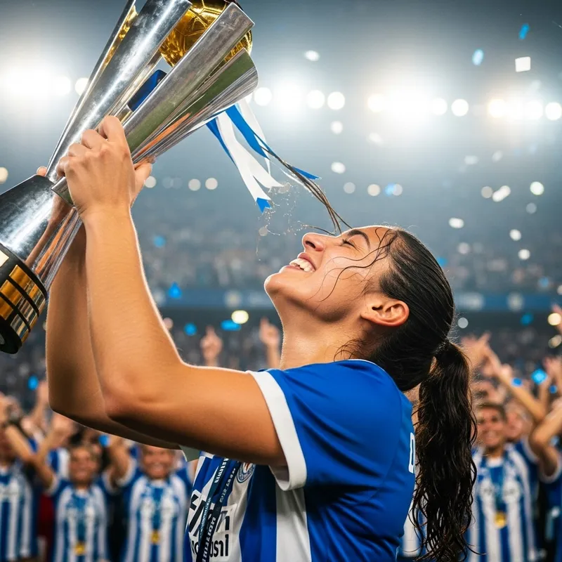 Hispanic Woman hoisting the cup in triumph