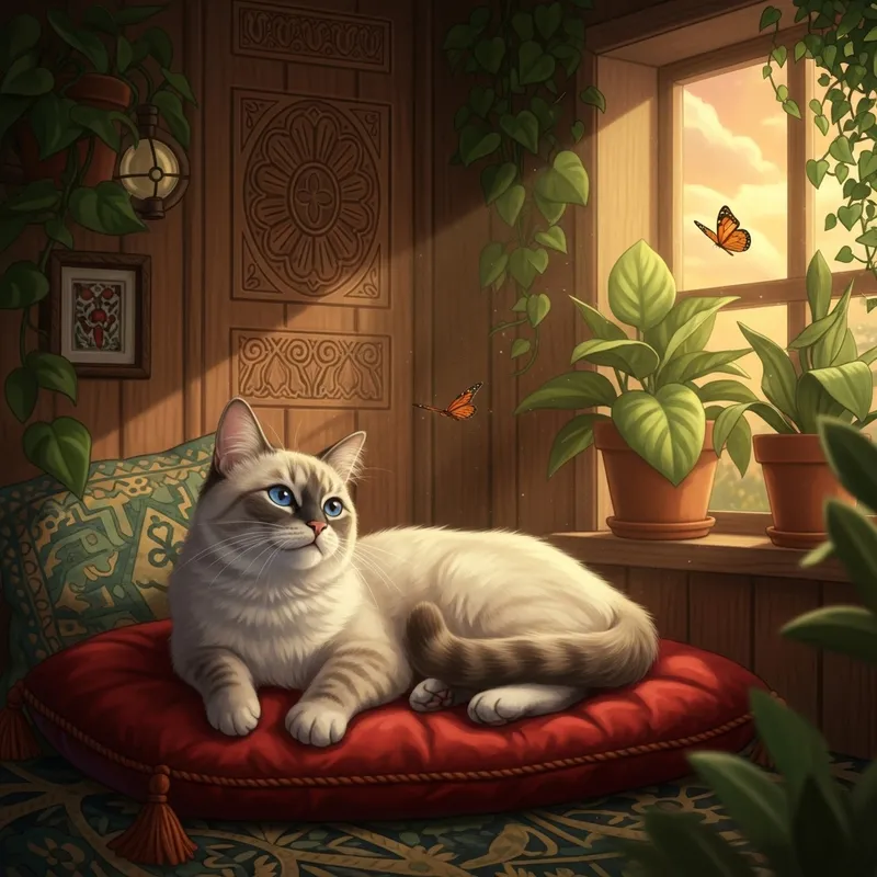 Adorable Blue-Eyed Cat on Velvet Cushion