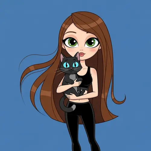 Whimsical 20th Century Animation Style Portrait of Girl with Cat
