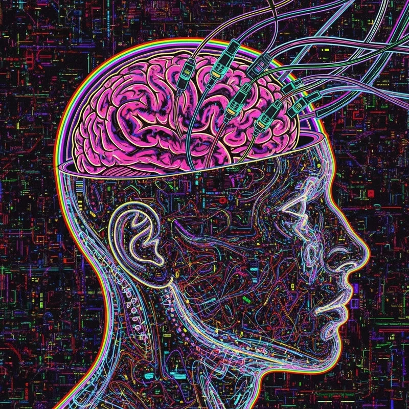 Futuristic NFT Style Human Head with Exposed Brain and Electric Cables